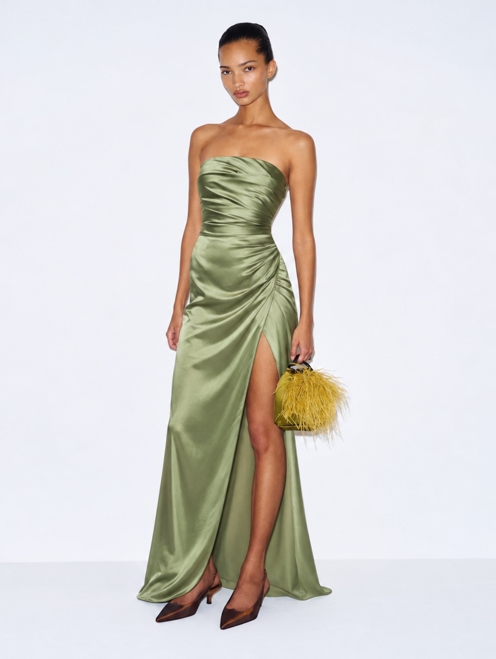 Reformation Barrow Silk Maxi Dress Green Strapless Ruched Slit Gown Size 4